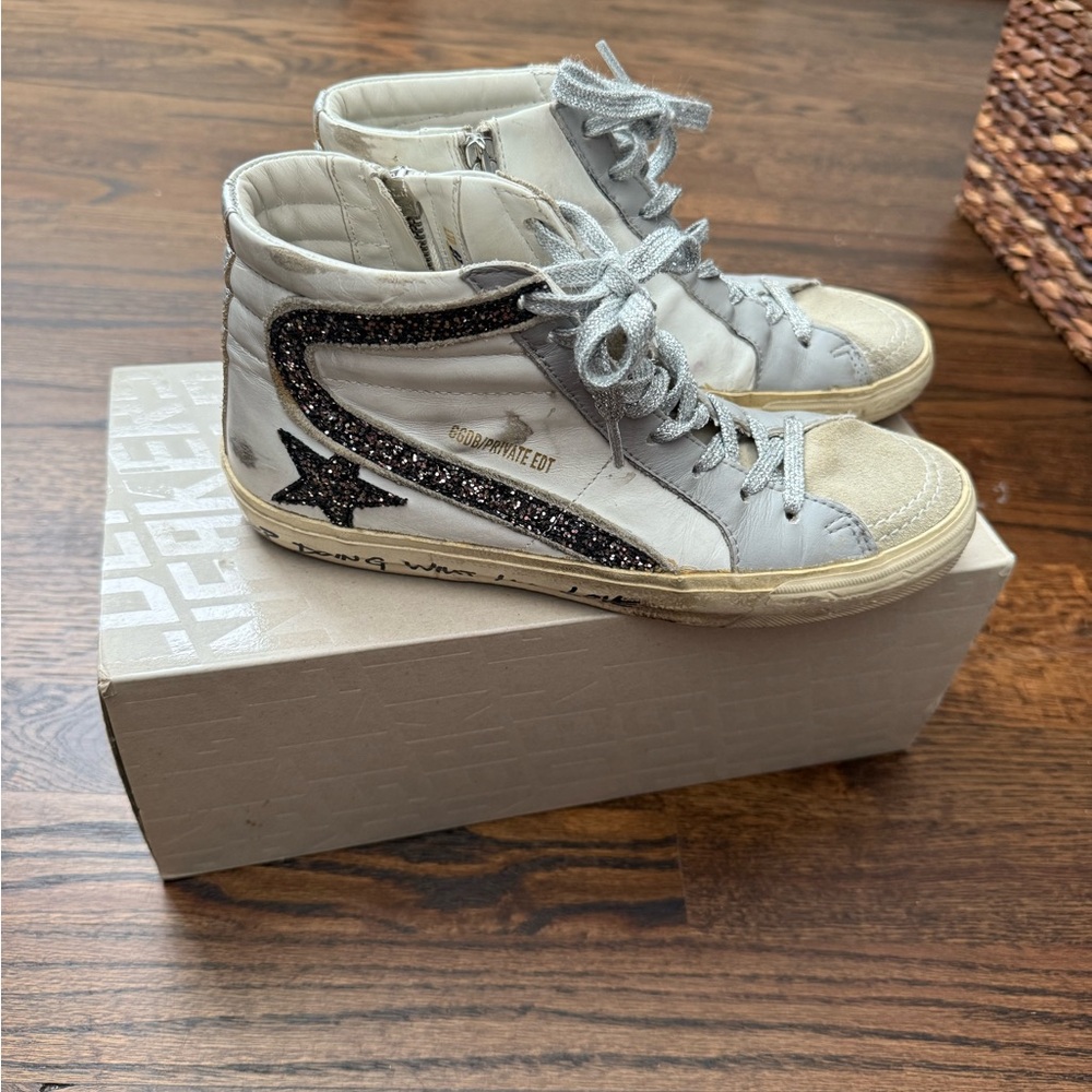 Golden Goose White and Black Glitter Sneakers
